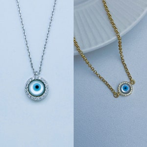 Evil Eye Necklace, Evil Eye Protection, 925 Sterling Silver SAPPHIRE and CZ stones, Dainty Necklace, Gift for Women, Wife Gift