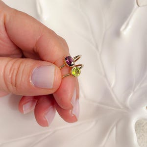 Pu&ograve; includere: Due anelli d'oro con pietre preziose di forma ovale. L'anello superiore ha una pietra preziosa viola e l'anello inferiore ha una pietra preziosa verde.