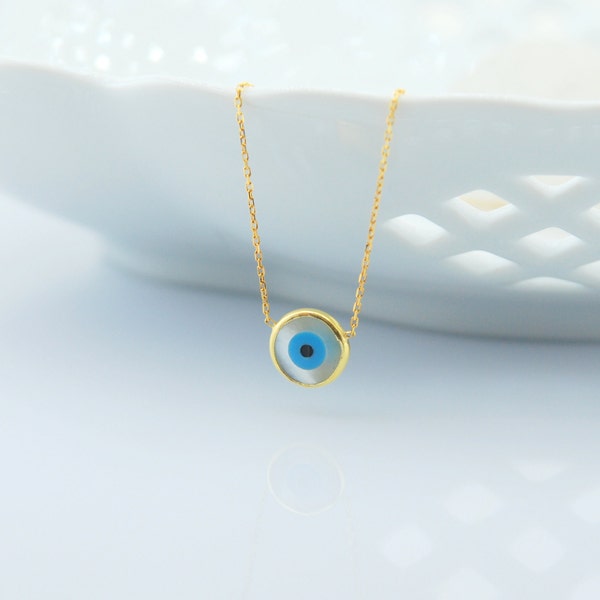 Round Mother of Pearl, Mother of Pearl Evil Eye, Gold or Sterling Silver,  Dainty, Minimalist Necklace