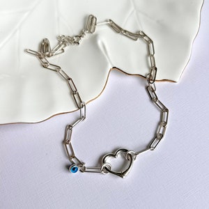 Sterling Silver Heart Necklace: Paper Clip Chain, Evil Eye Charm