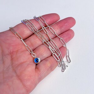Paper Clip 925 Sterling Silver Chain Necklace, Glass Evil Eye Charm