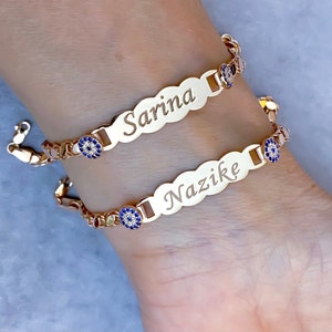 Pulsera de bebé personalizada, regalo de bautismo de bebé, joyería para bebé, pulsera con nombre islámico contra el mal de ojo, pulsera con inicial, chapada en oro