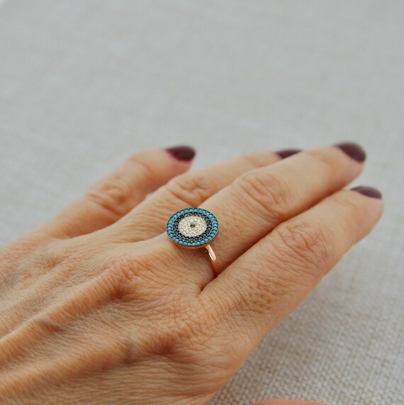 Turquoise Evil Eye Ring, 925 Sterling Silver, Zirconia Stone