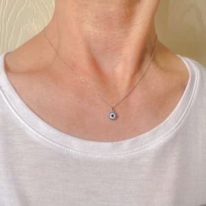Minimalist Evil Eye Necklace,  Evileye Pendant, 925 Sterling Silver SAPPHIRE and CZ stones