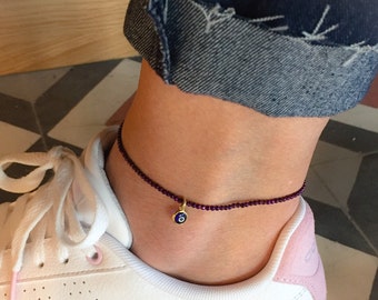 Gold Hematite Beads, Evil Eye Pendant, Ankle bracelet, dainty gold anklet, tiny anklet, simple Gold Anklet, Summer, Beach, Bar Anklet