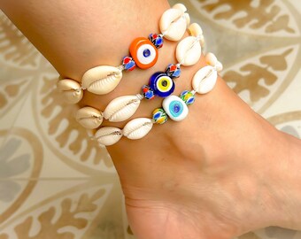 Shell With Evileye Anklets, Mermaid Ankle Bracelet, Nautical,  Natural Shell Anklets, Beach Anklets