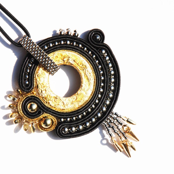 Elegant black gold soutache pendant