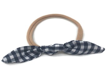 Navy Baby Bow, Navy Blue Check Bow, Navy Baby Headband, Infant Baby Headband, Toddler Hair Clip, Nylon Elastic Bow, Navy Blue Wedding Bow,