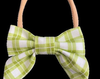 Sailor Bow, Green Plaid Bow, Baby Headband, Baby Green Plaid Bow, Baby Girl Bow, Nylon Elastic, Alligator Clip, Baby Gift, White Plaid Bow