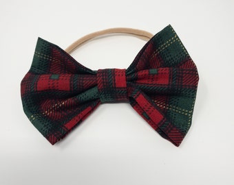 Christmas Headband, Christmas Bow, Christmas Plaid Bow, Red Plaid Bow, Christmas, Green Plaid Bow, Baby Headband, Wedding Bow, Nylon Elastic