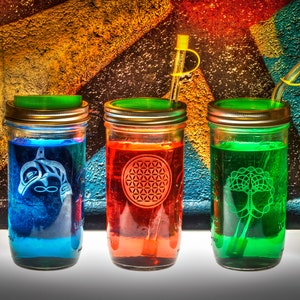 Rawmaste™ Glass Sacred Geometry Jars, Lids & Straws for your personal drinkware. You&#39;ll be Styling and Healthy all in one purchase.Rawmaste™