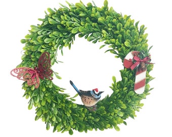 36cm Christmas Wreath, Door Hanger - Australian Bird, Blue Wren, Butterfly, Candy Cane, Boxwood Wreath, Souvenir, Gift