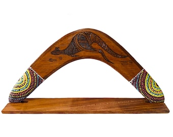 14" / 35cm Returning Boomerang & Stand - Plywood - Burnt Painted - Aboriginal, Dot Art, Australia - Cindy Wallace, Yellow Purple