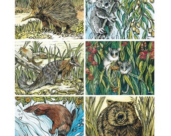 6 Placemats + 6 Coasters (Gift Boxed) - Cork Backed - Cinnamon, Australia - Animal Woodcut (Australian Animals)