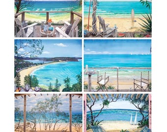 6 Placemats + 6 Coasters (Gift Boxed) - Cork Backed - Cinnamon, Australia - Coastal Verandahs (Beach)