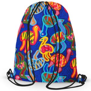 May include: A blue drawstring bag with a colourful pattern of birds and geometric shapes. The bag has black drawstrings.