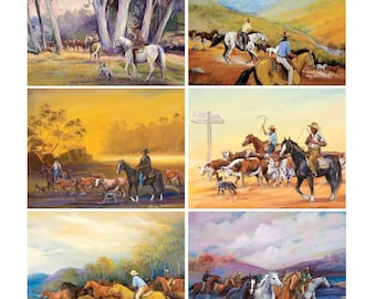 6 Placemats (Gift Boxed) - Cork Backed - Cinnamon, Australia - Man From Snowy River (Horses, Farm)