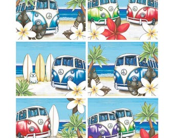 6 Placemats + 6 Coasters (Gift Boxed) - Cork Backed - Cinnamon, Australia - Beach Kombi (Lisa Pollock, Flowers)