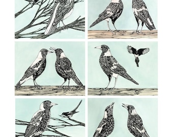 6 Placemats + 6 Coasters (Gift Boxed) - Cork Backed - Cinnamon, Australia - Magpie Song (Bird)