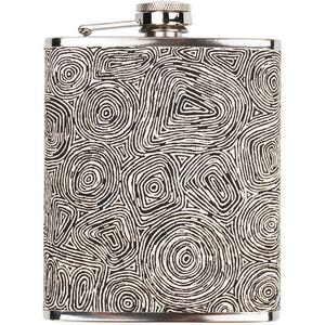 May include: A stainless steel hip flask with a black and white abstract design. The pattern consists of concentric circles and curved lines. The flask has a silver cap and a hinged lid. The flask is rectangular and has a polished finish.
