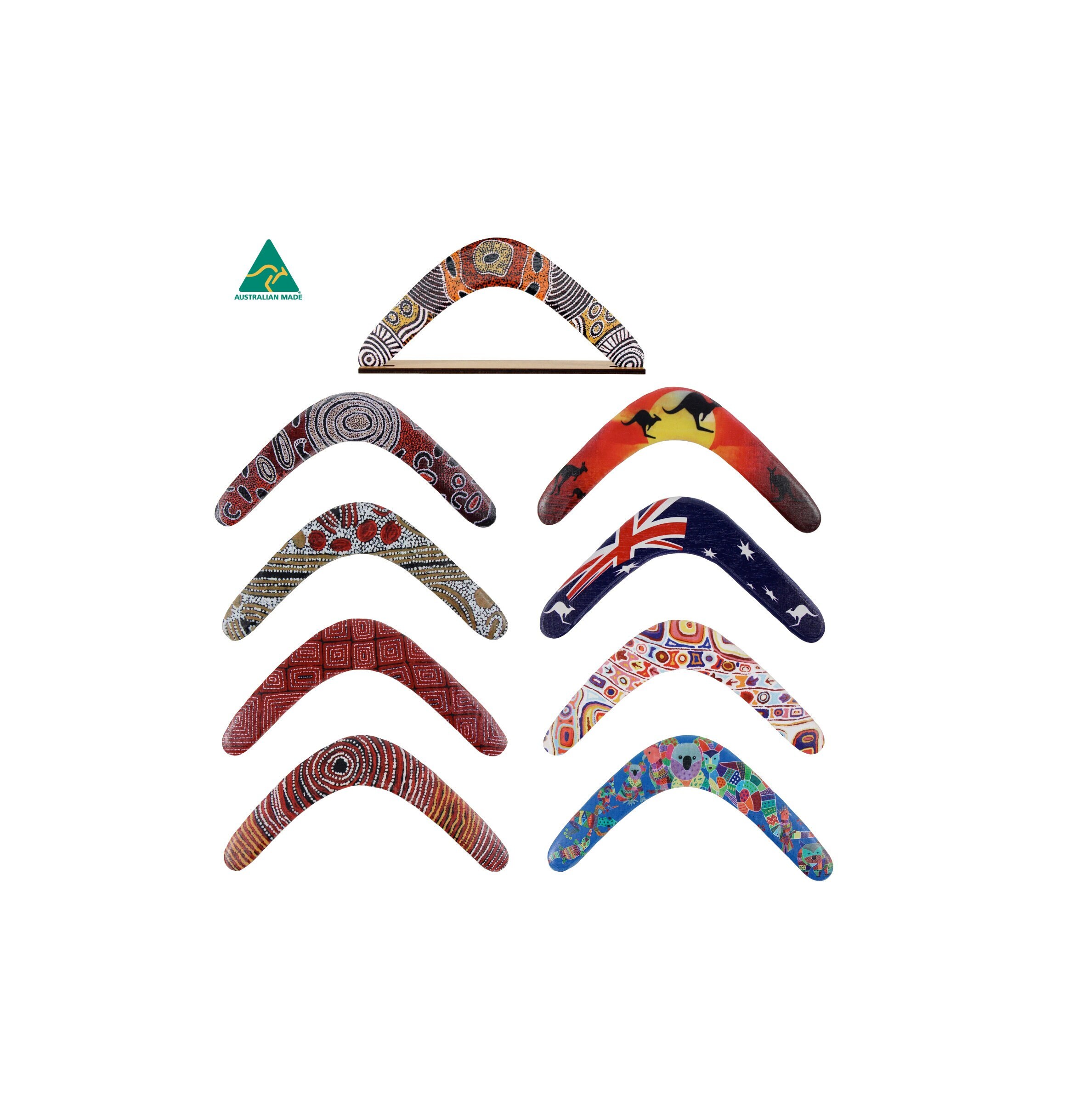 14" / 35cm Returning Boomerang + Display Stand - Made in Australia - Aboriginal Art, Dot Art, Indigenous, Souvenir, Gift