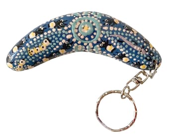 Keyring, Keychain - Boomerang - Wooden, Timber - Aboriginal, Australia - Bush Tucker Blue