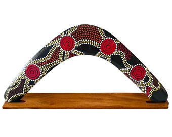 14" / 35cm Returning Boomerang & Stand - Plywood - Aboriginal, Dot Art, Australia - Desert Camps