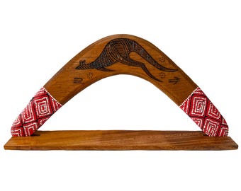 14" / 35cm Returning Boomerang & Stand - Plywood - Burnt Painted - Aboriginal, Dot Art, Australia - Thomas Tjapaltjarri