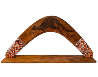 14" / 35cm Returning Boomerang & Stand - Plywood - Burnt Painted - Aboriginal, Dot Art, Australia - Wentja Morgan