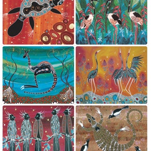 May include: Six Aboriginal art prints showcasing Australian wildlife in a stylized manner. The artwork includes a turtle, emu, cranes, cockatoos, and a lizard, all rendered in vibrant colours and intricate dot patterns against colourful backgrounds.