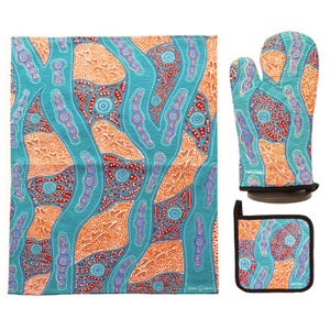 3-Piece Gift Set - Tea Towel + Oven Mitt + Pot Holder - Tracks on Country - Aboriginal, Indigenous, Australia, Souvenir, Gift