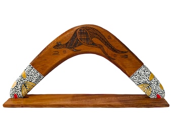 14" / 35cm Returning Boomerang & Stand - Plywood - Burnt Painted - Aboriginal, Dot Art, Australia - Glenys Gibson