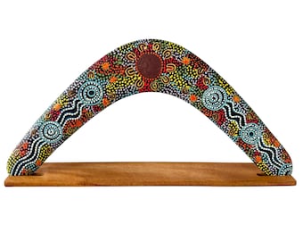 14" / 35cm Returning Boomerang & Stand - Plywood - Aboriginal, Dot Art, Australia - Women Gathering at Waterholes