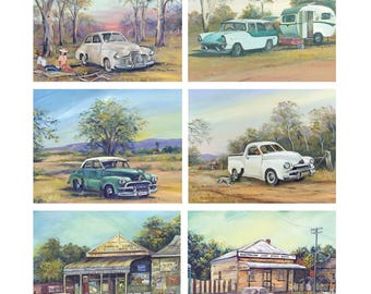 6 Placemats + 6 Coasters (Gift Boxed) - Cork Backed - Cinnamon, Australia - Old Holdens (Classic Australian Car)