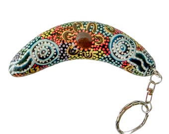 Keyring, Keychain - Boomerang - Wooden, Timber - Aboriginal, Australia - Women Gathering at Waterholes