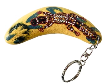 Keyring, Keychain - Boomerang - Wooden, Timber - Aboriginal, Australia - Platypus, Yellow