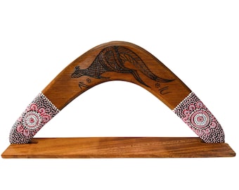 14" / 35cm Returning Boomerang & Stand - Plywood - Burnt Painted - Aboriginal, Dot Art, Australia - Women's Business