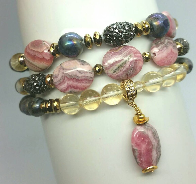 Citrine Labradorite Rhodochrosite Bracelet Set.