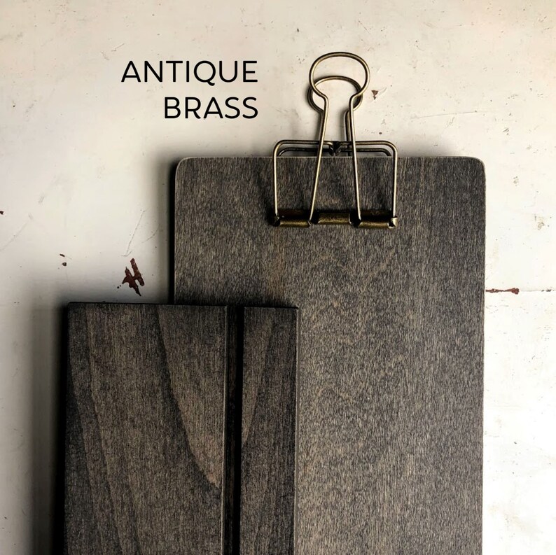 Standing wooden display clipboard set, tabletop clipboard, Soft Black Maple and Binder clip, menu boards, retail and wedding Antique Brass