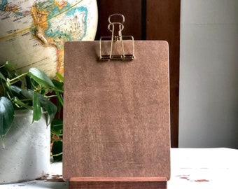 Standing clipboard, display board, Brown Maple wood with wire binder clip. Any size, and clip finish