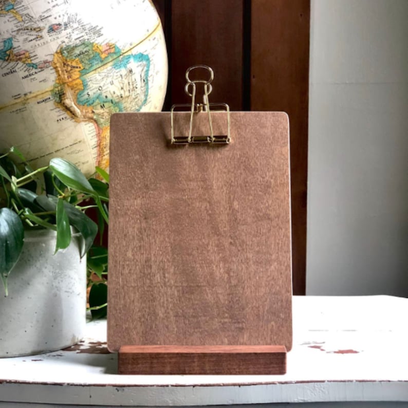 Standing clipboard, display board, Brown Maple wood with wire binder clip. Any size, and clip finish image 1