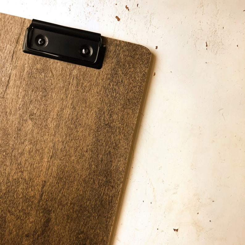 dark brown, rustic walnut finish wooden clipboard for menus, photos, prints. low profile matte black clip