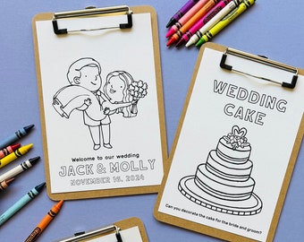 Wedding Activity Pack for Kids - Personalized Names - Coloring Sheets, clipboard, and 16 Crayons included  - Welcome to our Wedding for Kids