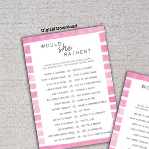 Préférerait-elle ? Cartes de jeu à rayures roses - jeu d'anniversaire pour adulte, jeu d'enterrement de vie de jeune fille, jeu de douche nuptiale - téléchargement numérique - imprimable