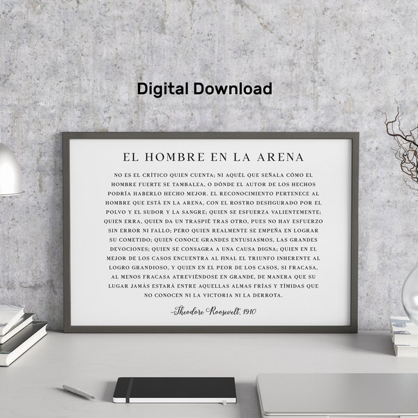 El Hombre En La Arena - The Man in the Arena in Spanish - Theodore Roosevelt Quote - Daring Greatly Inspirational - Digital File - Printable