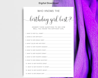 Digital "Who knows the birthday girl best" Card Game - Birthday Party Game - Birthday Game - Digital Download - Printable Files - DIY