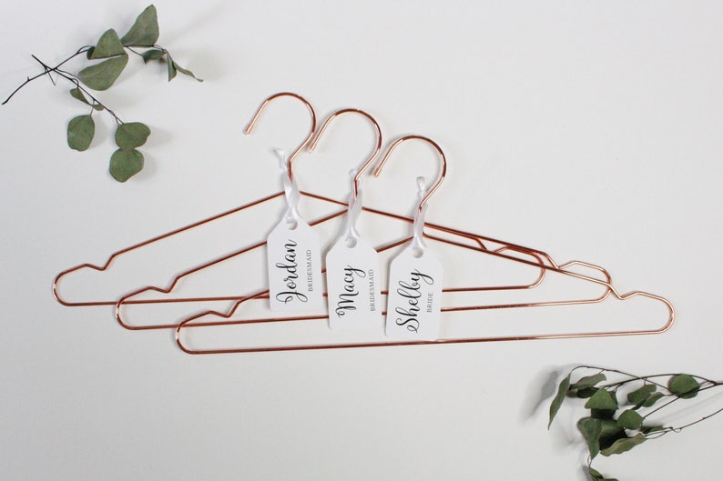Elegant Rose Gold Wedding Hangers - Pick your Set - Custom Personalized Gift Tag - Dress / Robe Hangers - Metal Hangers - Bridesmaid Hangers