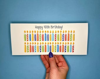 May include: A white card with the text "Happy 40th Birthday!" and 40 colorful candles with flames.