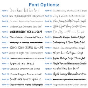 May include: A list of 30 different font styles with descriptions of each style. The font styles are categorized as clean, modern, handwritten, script, and more.