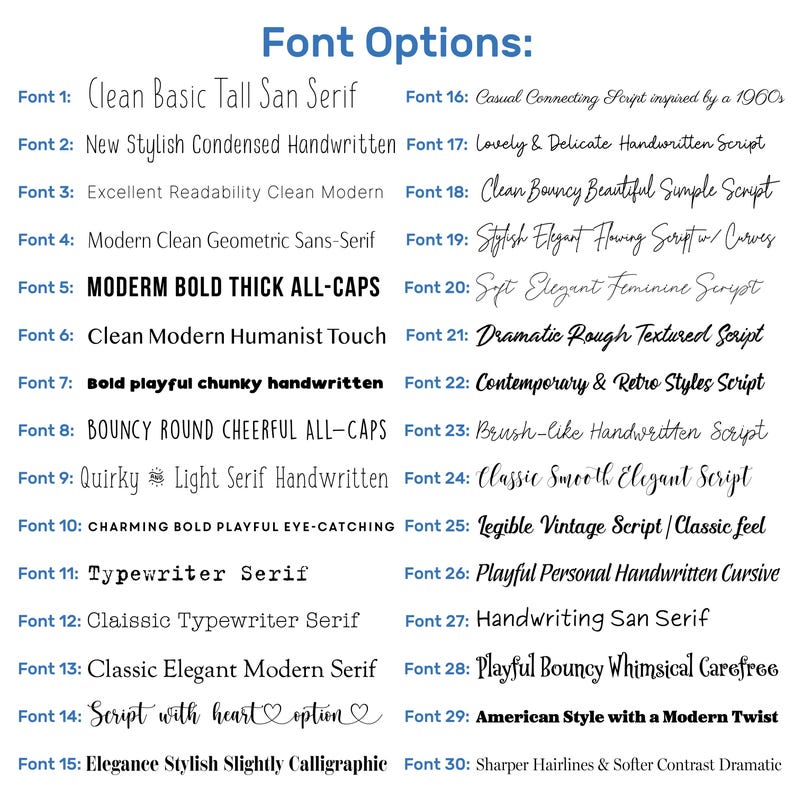 May include: A list of 30 different font styles with descriptions of each style. The font styles are categorized as clean, modern, handwritten, script, and more.
